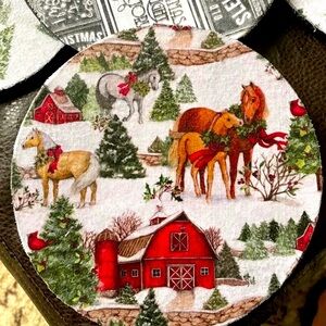5 Pc Christmas Trivet Hot Pads Red Truck Red Barn Handmade Material Black White